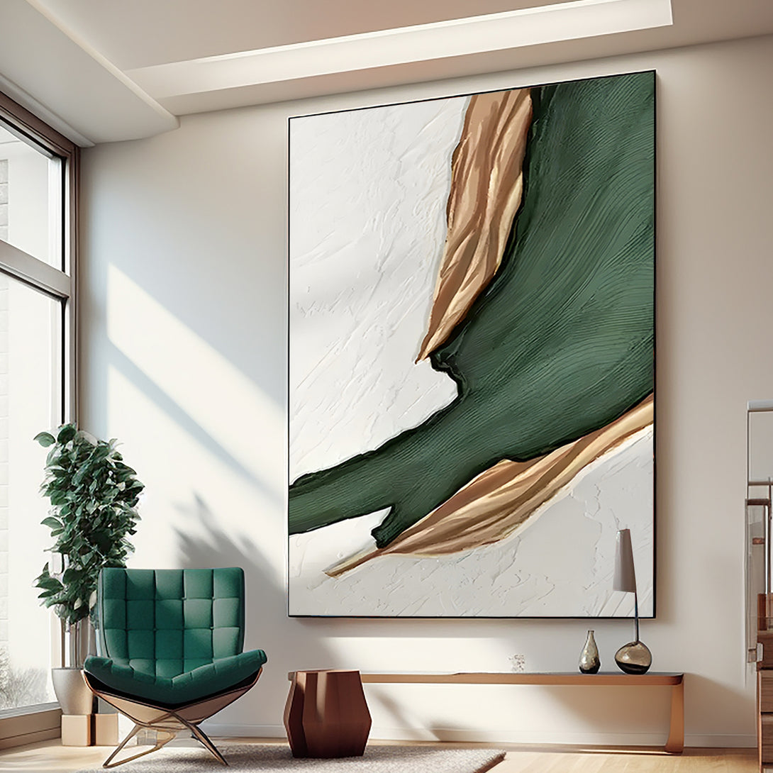 A large abstract painting with white, green and gold shades. 