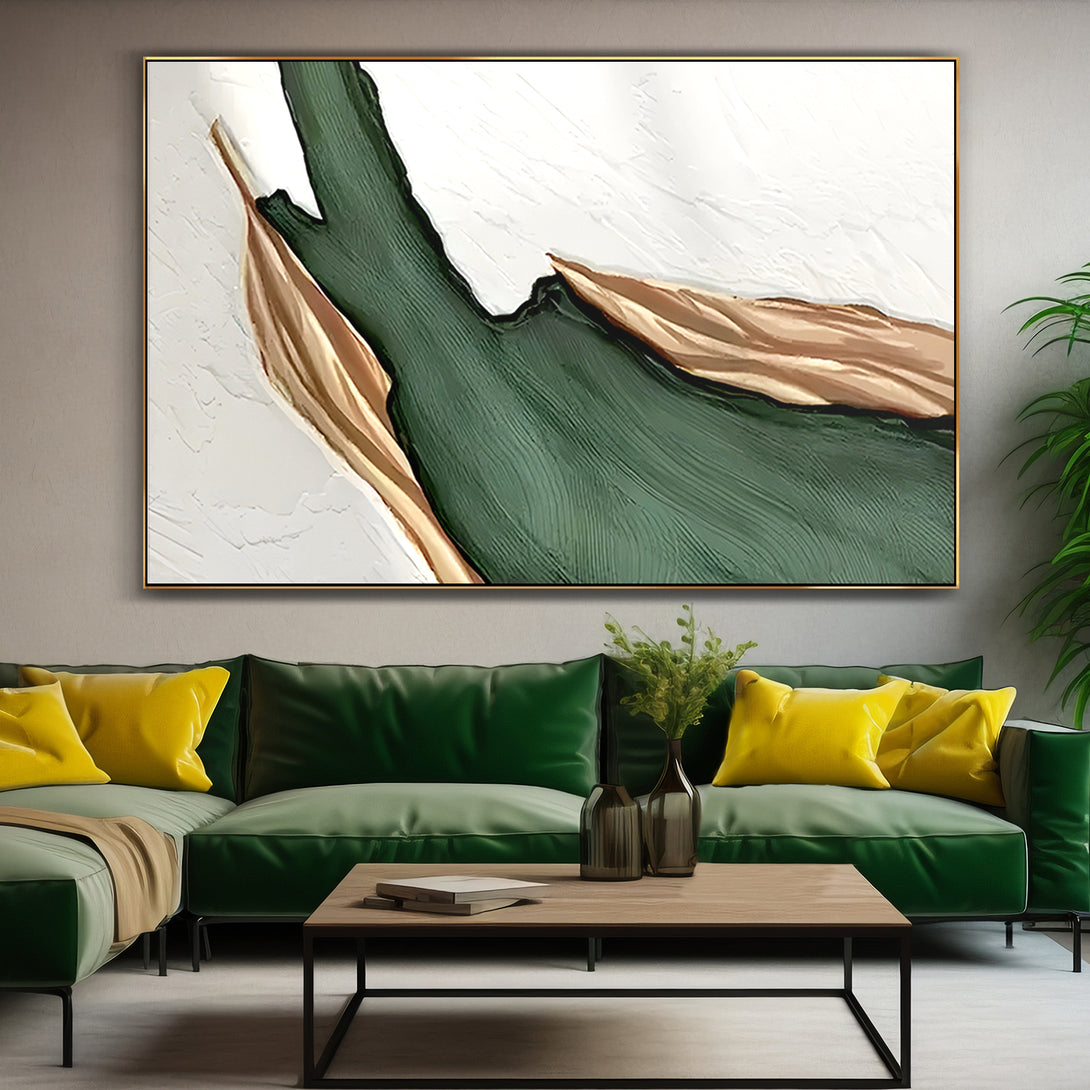 A large abstract painting with white, green and gold shades. 
