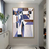 A large Wabi-Sabi painting in minimalist style, blending blue, purple, brown, white and other hues. 