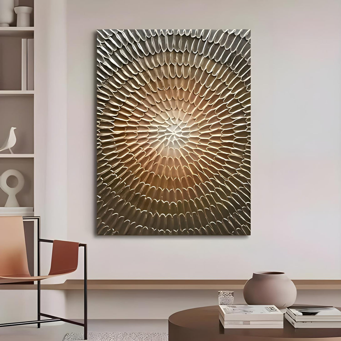 A large textured painting with patterns in gold and yellow 