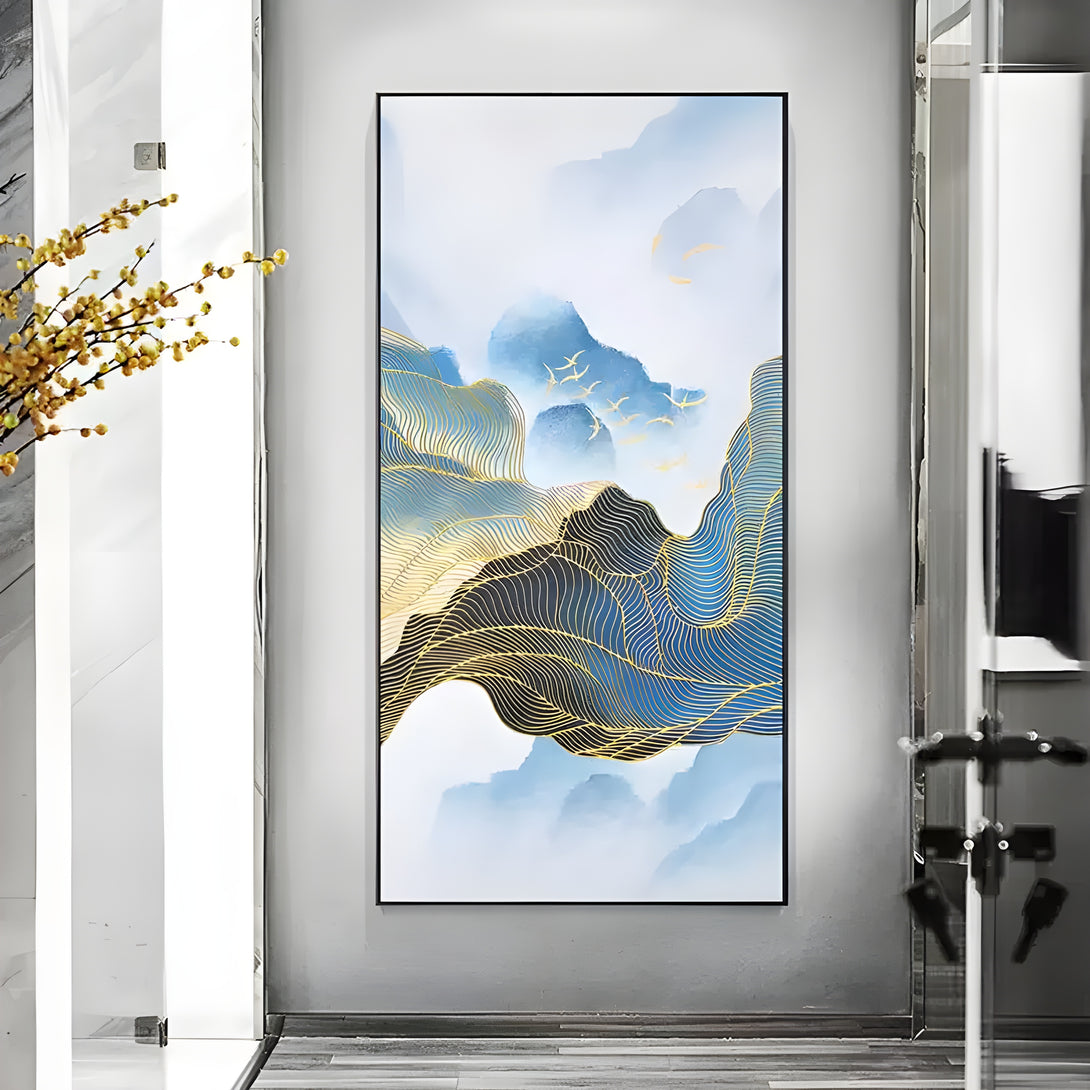 A large vertical wall art depicting landscapes of mountains, forests, fog and birds 
