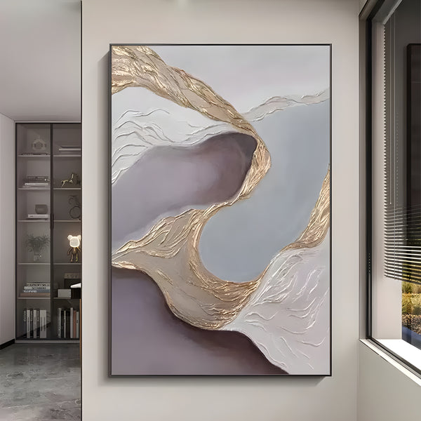 A large abstract painting with a modern look, in gold, purple, grey and other hues such as white and blue.