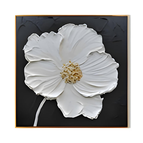 A large square painting with a big white flower against a black backdrop in subtle textures. 
