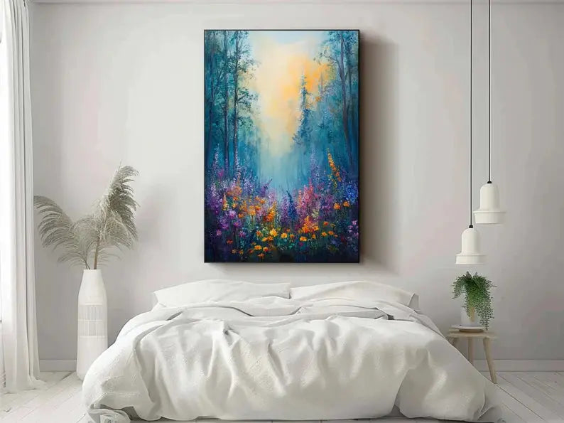 A large vertical textured painting of a forest with tall blue trees and a dense cluster of colorful flowers in yellow and purple.