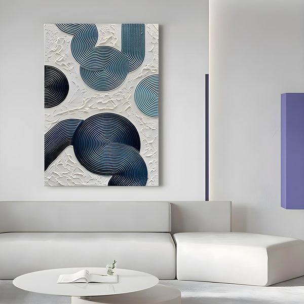 A large abstract Wabi-Sabi painting with blue patterns and white textures in a minimalist style