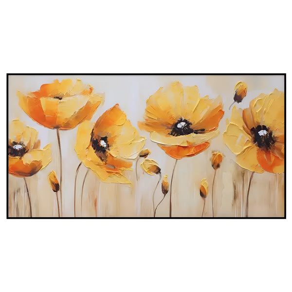 A large horizontal painting with 5 large orange blooming flowers and 7 buds. 