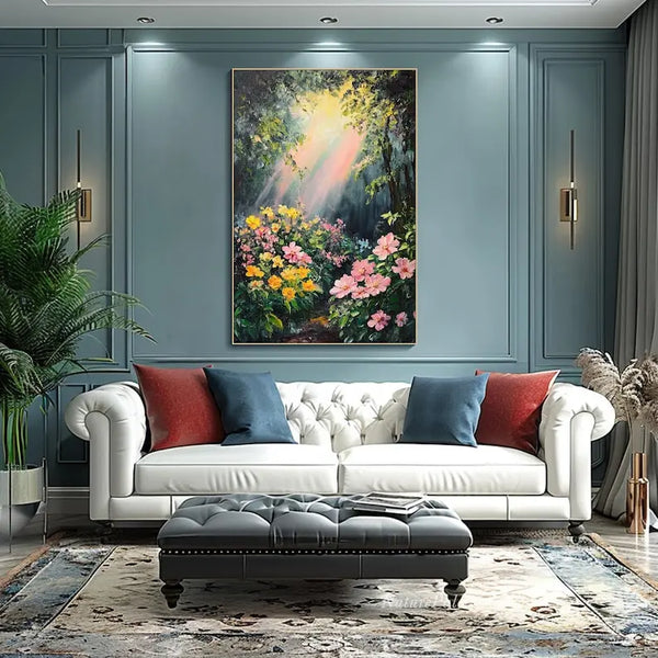 A beautiful painting depicting flowers in a forest