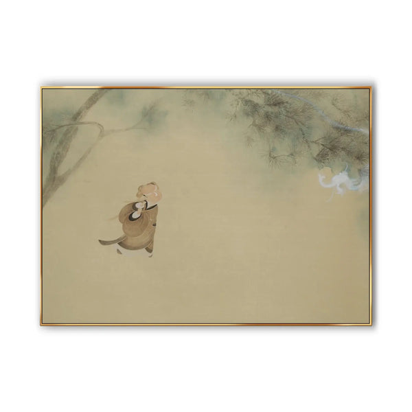 A captivating Chinese painting featuring a man robes in brown walking below a pine tree swayed by the wind