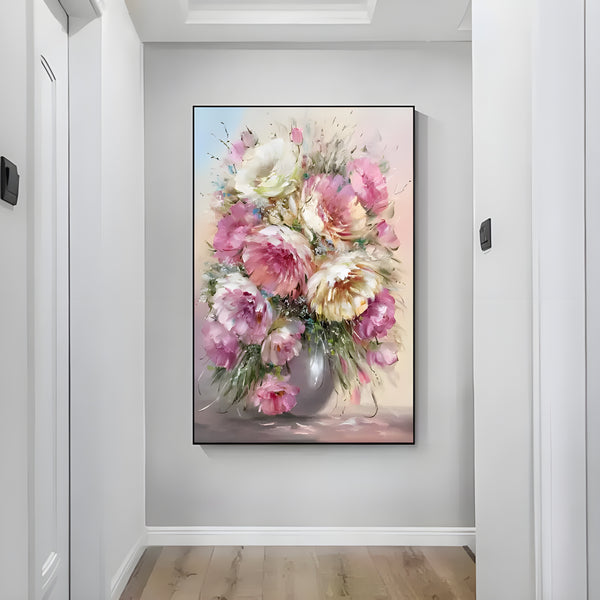 A decorative wall painting showcasing a vase filled with blooming flowers.