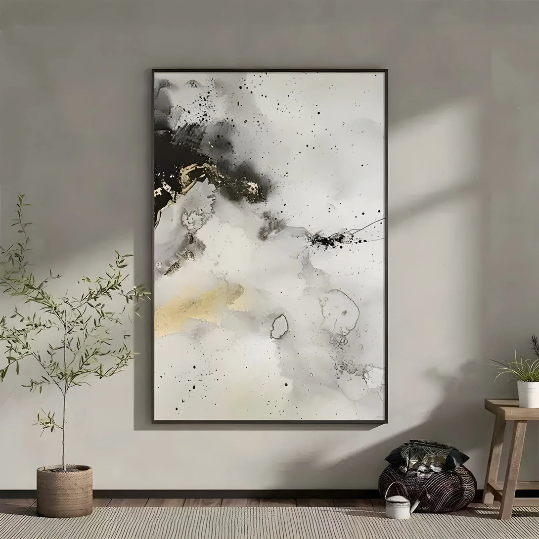 A grey and white abstract ink painting with flowing lines and minimalist design for vertical and horizontal setups.