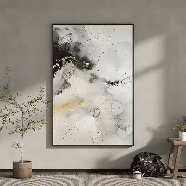 A grey and white abstract ink painting with flowing lines and minimalist design for vertical and horizontal setups.