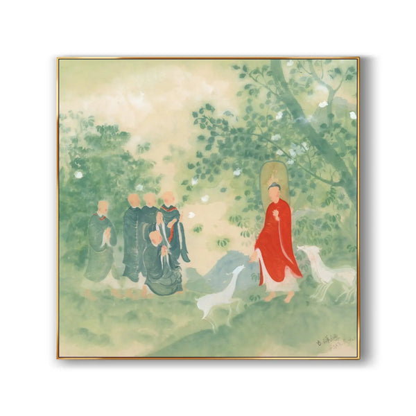 A horizontal Chinese Buddha painting featuring the red-robed Buddha giving teachings to 5 followers in green, amid the green forest, accompanied by 3 white sheep. 