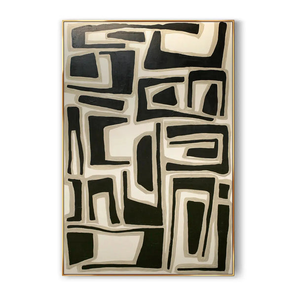 A large Wabi-Sabi art in minimalist style featuring black Zen patterns against the beige backdrop. 