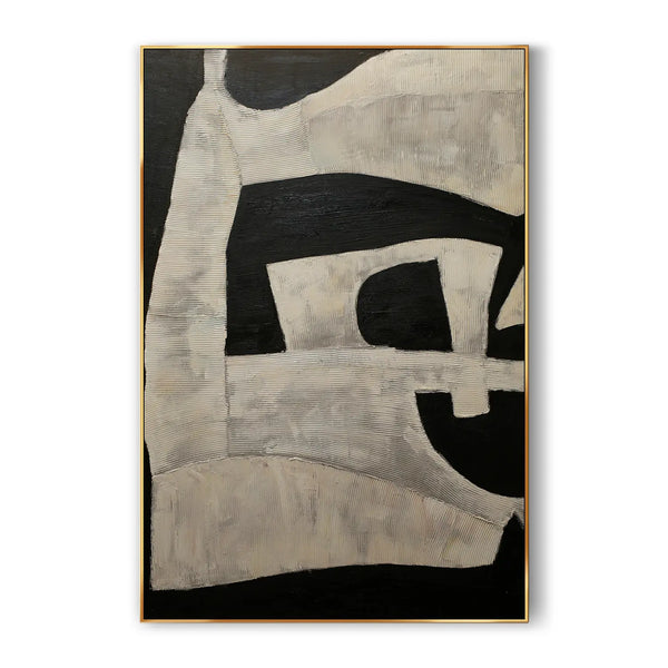 A large Wabi-Sabi wall art with random black patterns across a grey backdrop. 
