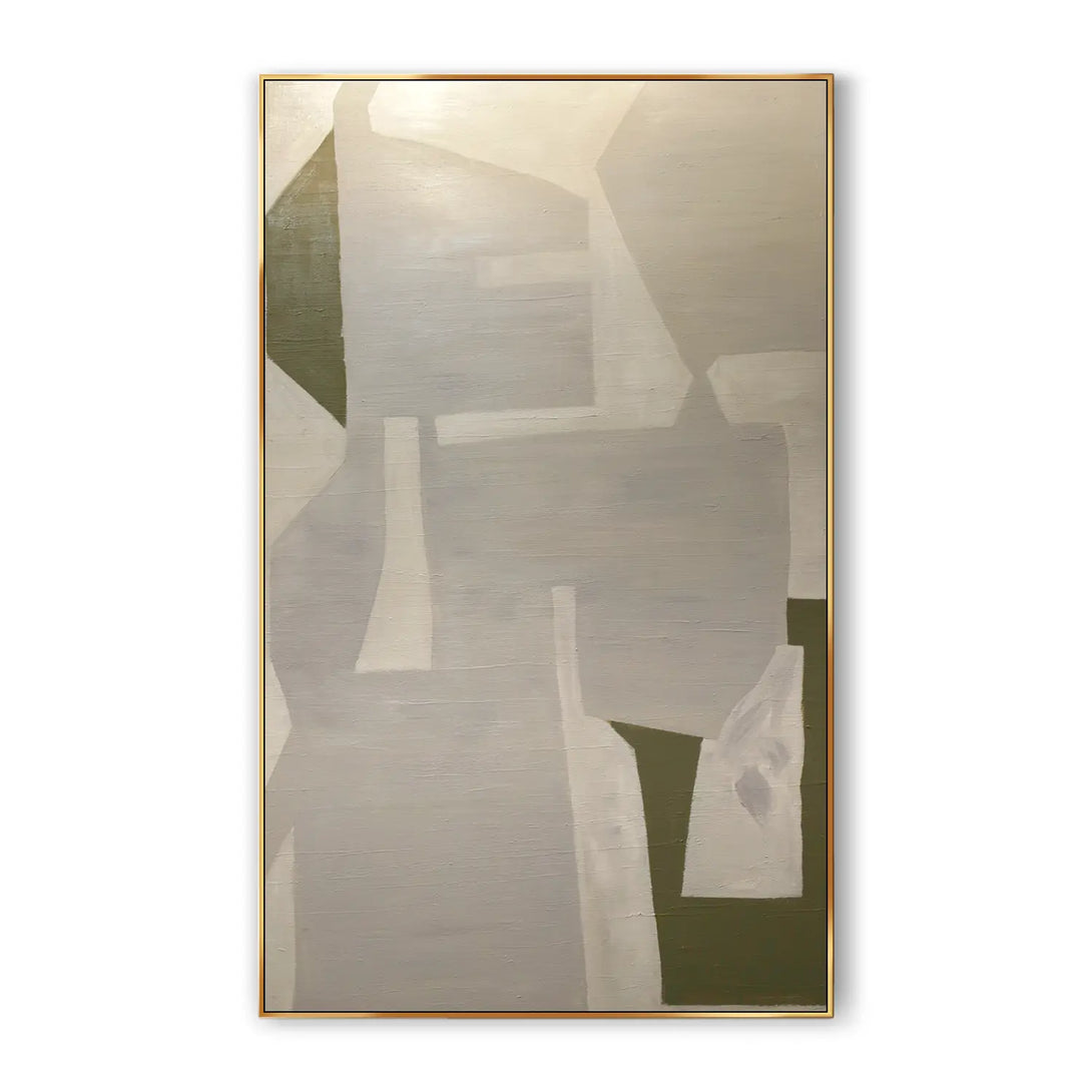  A large Wabi-Sabi wall art with white and green patterns against a grey backdrop 