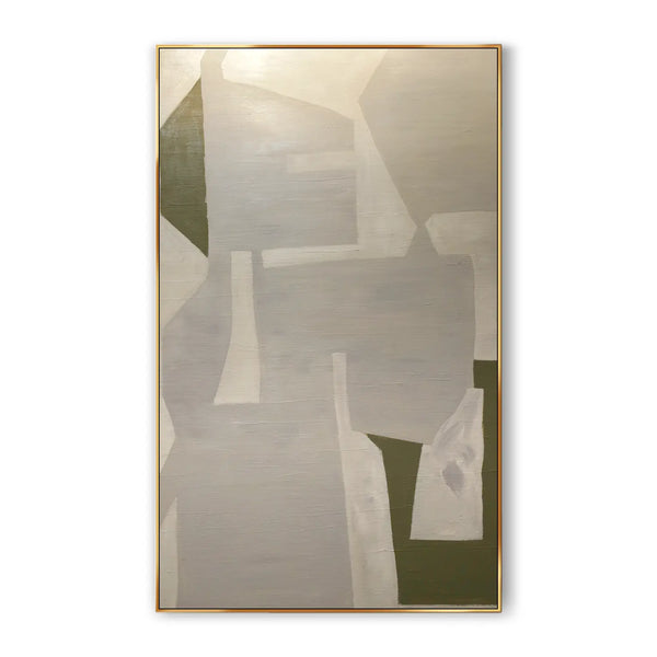  A large Wabi-Sabi wall art with white and green patterns against a grey backdrop 