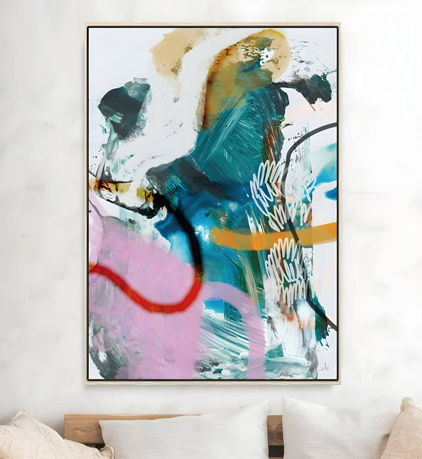 A large abstract painting mixing pink, green and brown patterns with some white abstract patterns. 