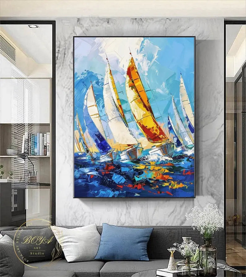 A large abstract painting of colorful sailboats with blue and orange tones on textured sea waves and clear skies. 