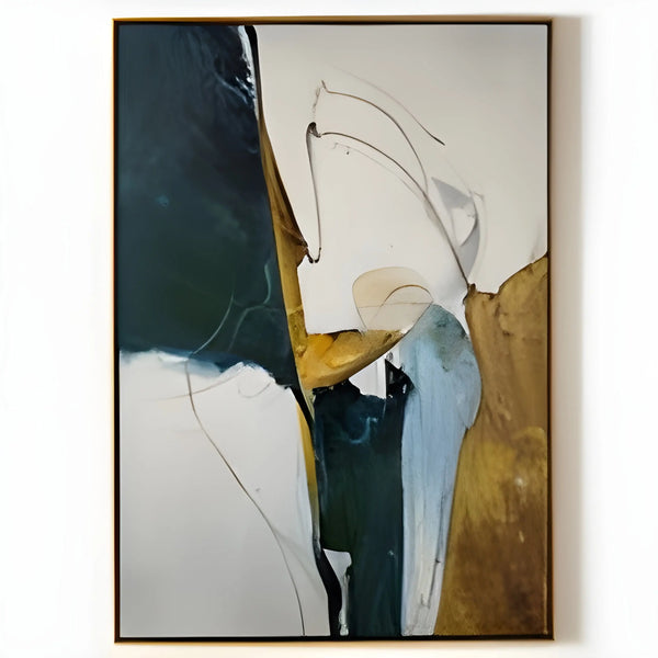 A large abstract painting of random beige, white, green and blue fluid patterns in marble-like textures.