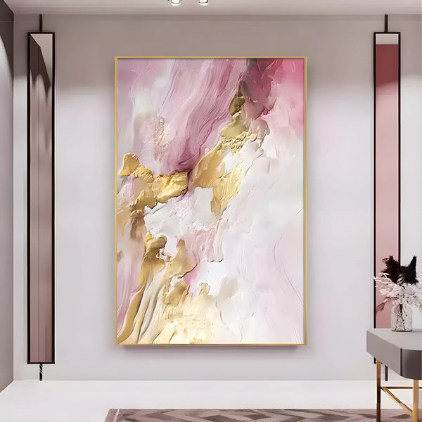 A large, abstract painting with soft pink and shimmering gold textures layered across the canvas. It fits a vertical or horizontal layout.
