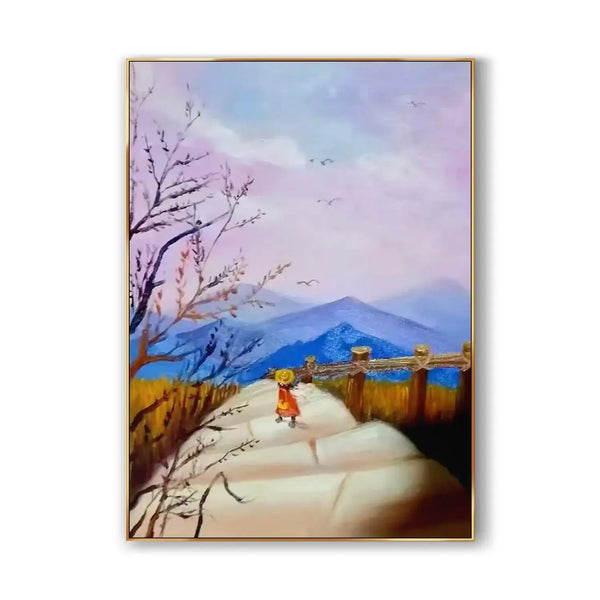  A large and vivid vertical wall art piece featuring a serene girl descending mountain steps, flanked by brown grass on either side. In the distance, rolling blue ranges unfold beneath a majestic sky of deep purple and soft blue hues.
