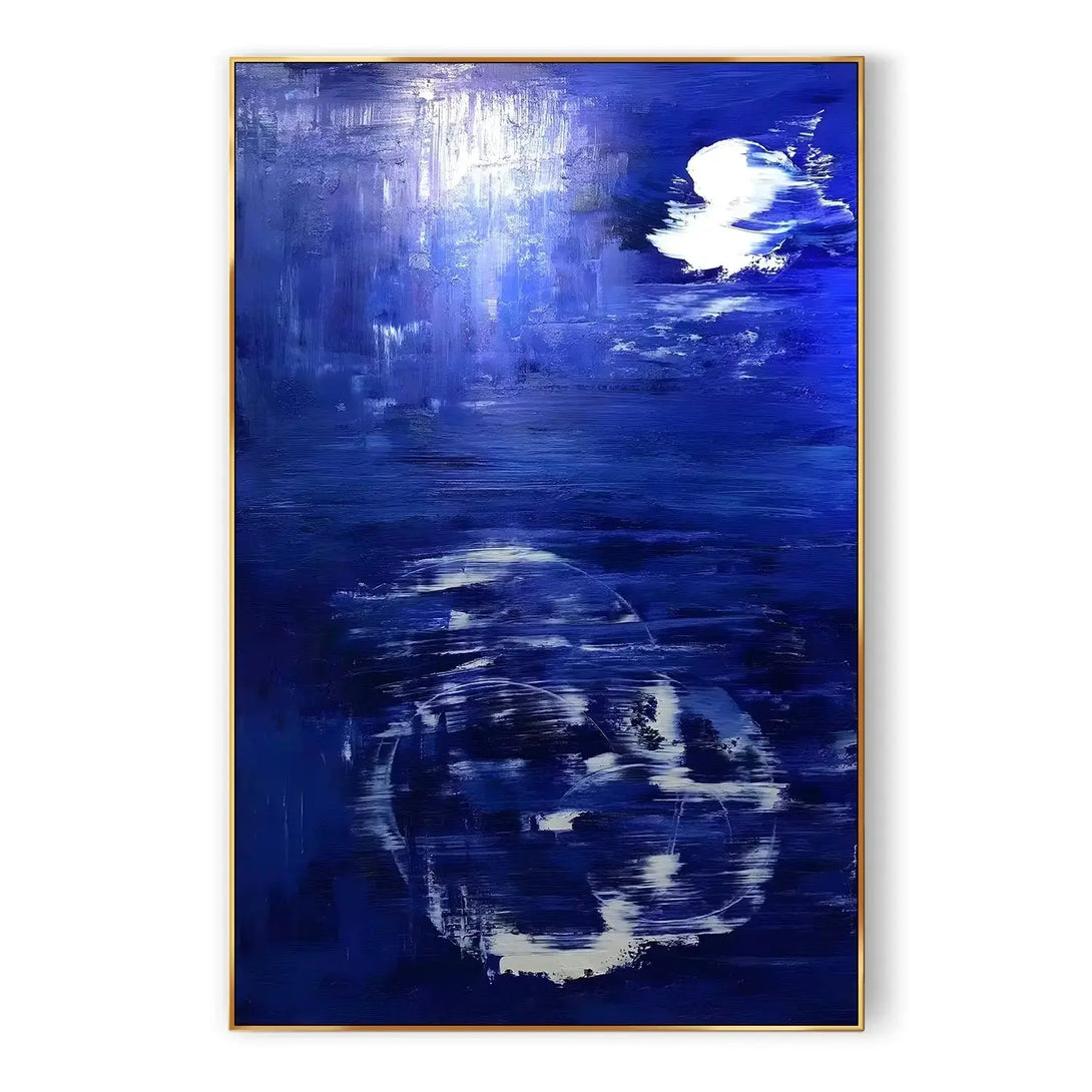 A large blue Wabi-Sabi wall art in minimalist style, with a few white hues randomly scattered around. 