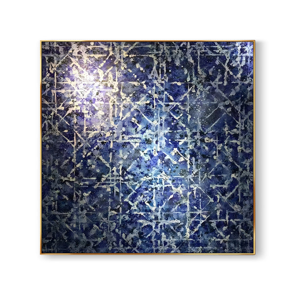 A large blue square painting in minimalist style, featuring white lines intersecting across the surface.

