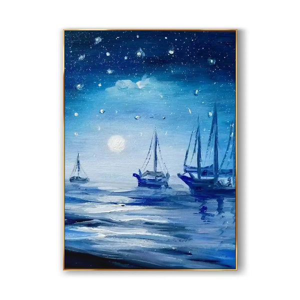  A large blue vertical textured painting of boats sailing on the blue sea water, illuminated by the moon. 