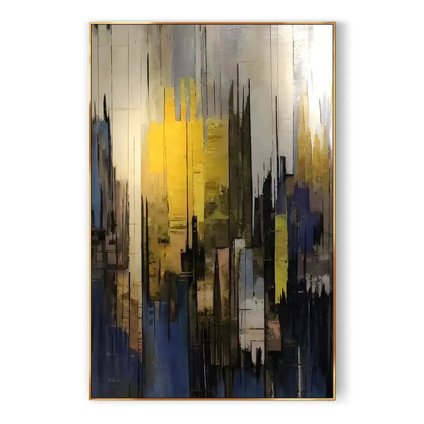 A large colorful textured Wabi-Sabi wall art mixing yellow, blue, brown and other colors. 
