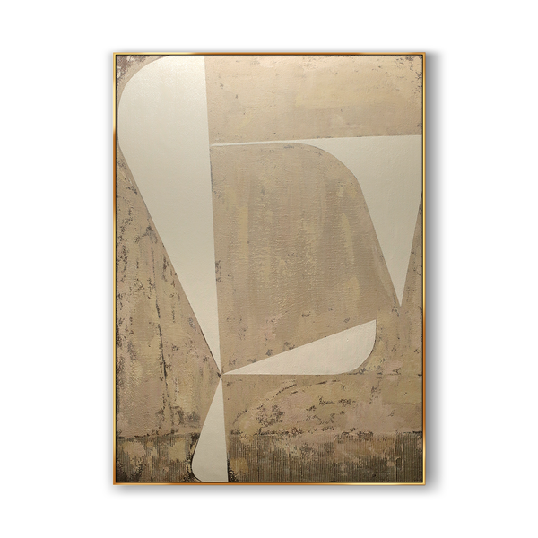 A large contemporary minimalist art with a few fan-shaped yellowish orange hues across the beige backdrop. 