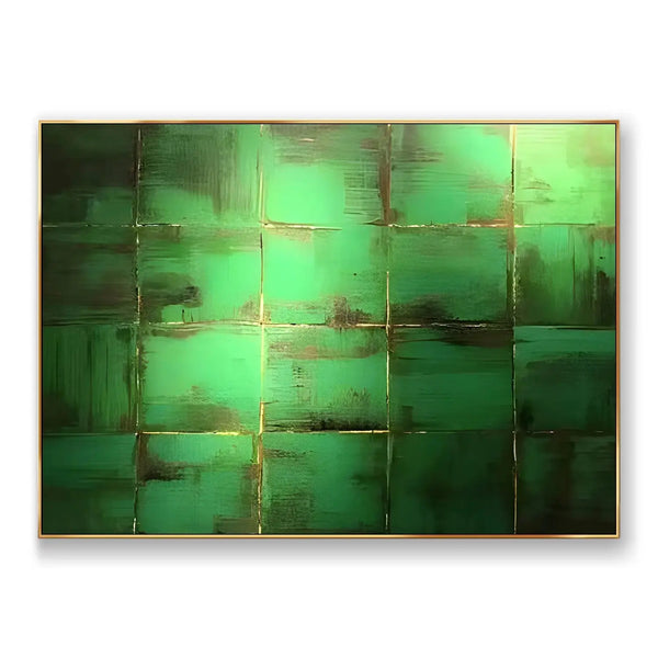  A large green Wabi-Sabi wall art adorned with yellow lines that intersect both vertically and horizontally, creating a series of multiple squares across the surface.
