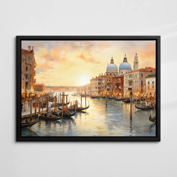 A large hand-painted horizontal hyperrealism wall art of the Venice riverscape with boats buildings lining the shore, and the sunlight illuminating the sky yellow. 