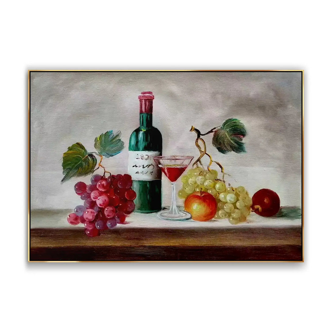 A large horizontal hyperrealism art featuring one set of purple grapes, green grapes, and two apples, as well as a green bottle of wine on the brown desk. 
