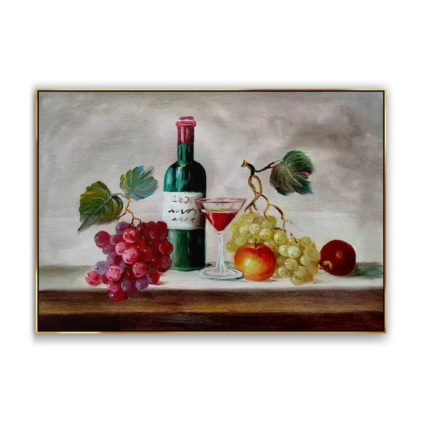 A large horizontal hyperrealism art featuring one set of purple grapes, green grapes, and two apples, as well as a green bottle of wine on the brown desk. 
