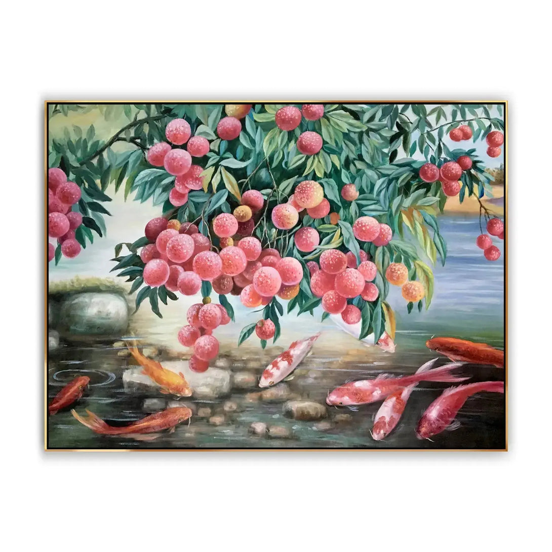 A large horizontal hyperrealism art of red and orange fish swimming in the pond with cobblestones visible, as well as branches laden with red lychees and green leaves.

