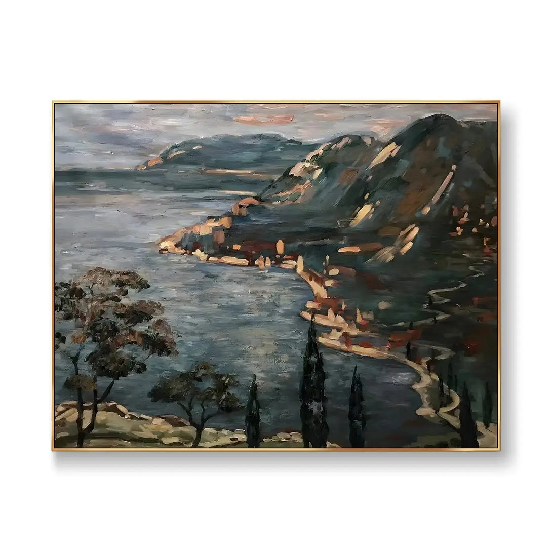 A large horizontal hyperrealism art, showcasing a vast expanse of blue ocean adjacent to dark green mountain ranges adorned with trees.