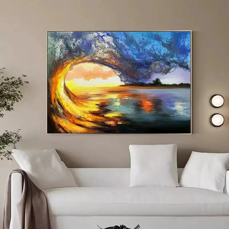 A large horizontal hyperrealism painting of the sun-dyed blue and yellow waves soaring high and forming a half circle, with blue splashes in the air. 