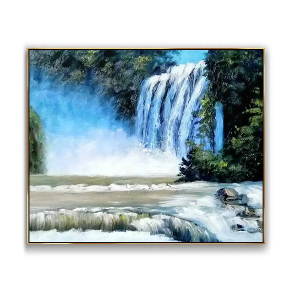 A large horizontal hyperrealistic painting featuring majestic white waterfalls cascading down, creating a misty veil of blue and white steam, surrounded by lush greenery. 
