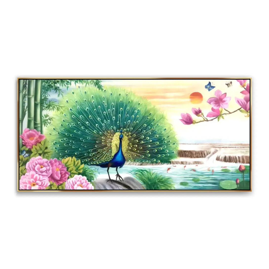  A large horizontal hyperrealistic painting of a blue and green peacock flaunting its tail near the lake full of fish and lotus flowers. Nearby are pink blossoms. 