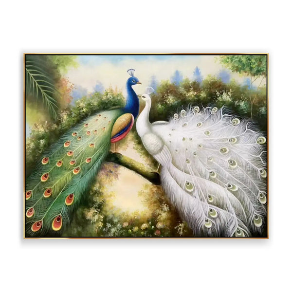 A large horizontal hyperrealistic painting of two peacocks flaunting their tails, one in blue and green, one in white, against a backdrop of greenery. 
