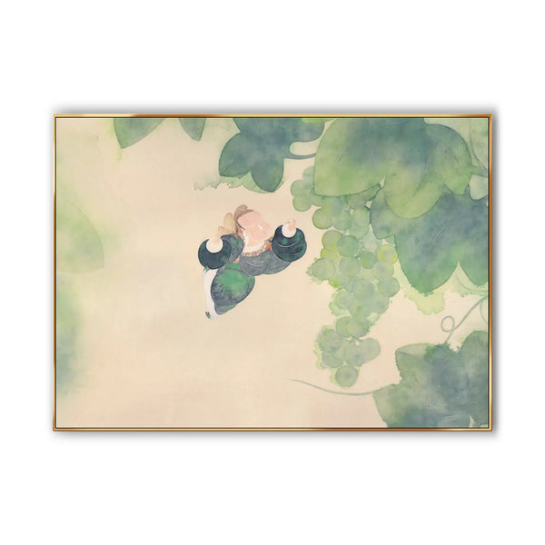 A large horizontal painting depicting a green man bee exploring clusters of unripe green grapes hanging from the vine.