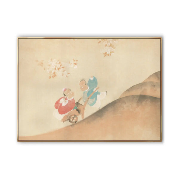  A large horizontal painting depicting a man pulling a wagon carrying a woman up a mountain, beneath a canopy of white blossoms and brown leaves.