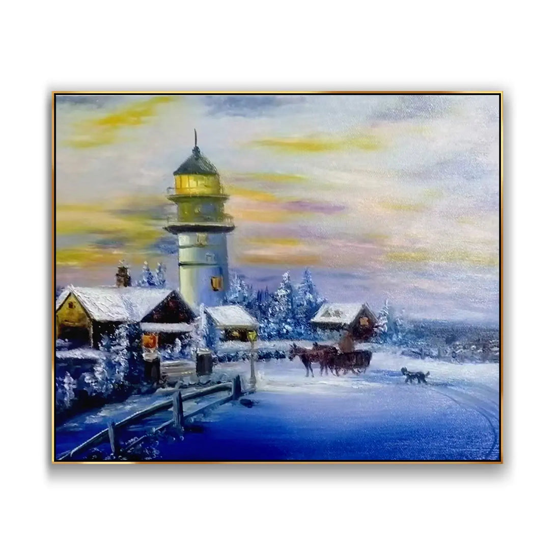 A large horizontal painting depicting horses walking on snowy ground alongside a sleigh, set amidst houses and a rising lighthouse. The background is rendered in shades of blue, while the sky transitions from yellow hues to white.

