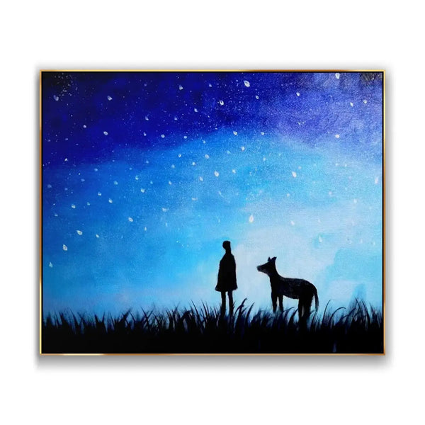 A large horizontal painting featuring a girl and a dog in the grassy field under the starlit night sky.