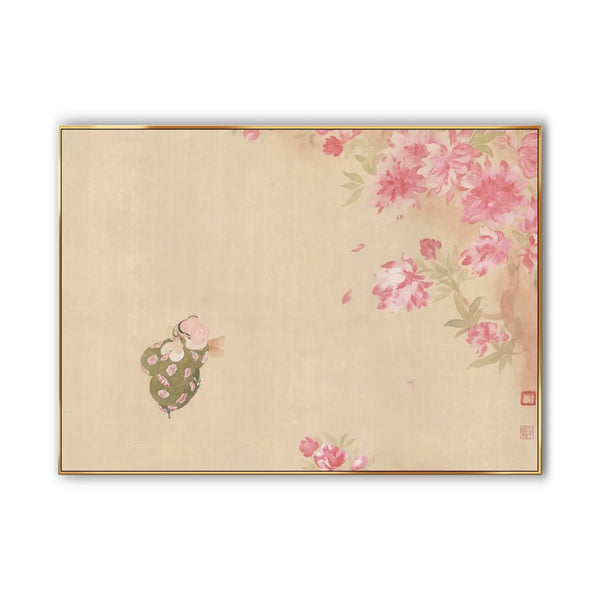 A large horizontal painting featuring a man-shaped bee exploring the pink blossoms.