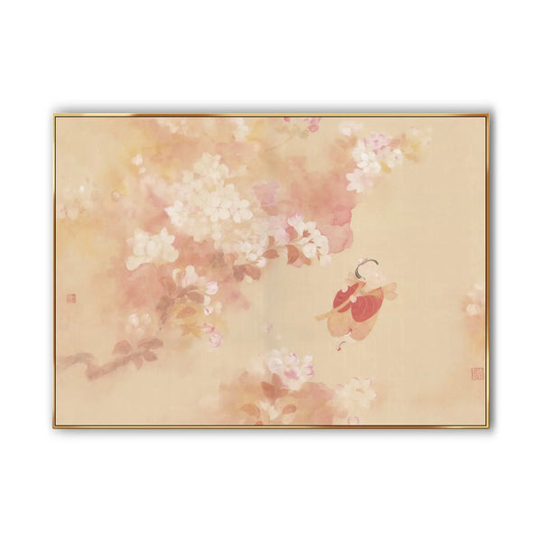 A large horizontal painting featuring a man-shaped bee exploring the pink crabapple tree with white blossoms 
