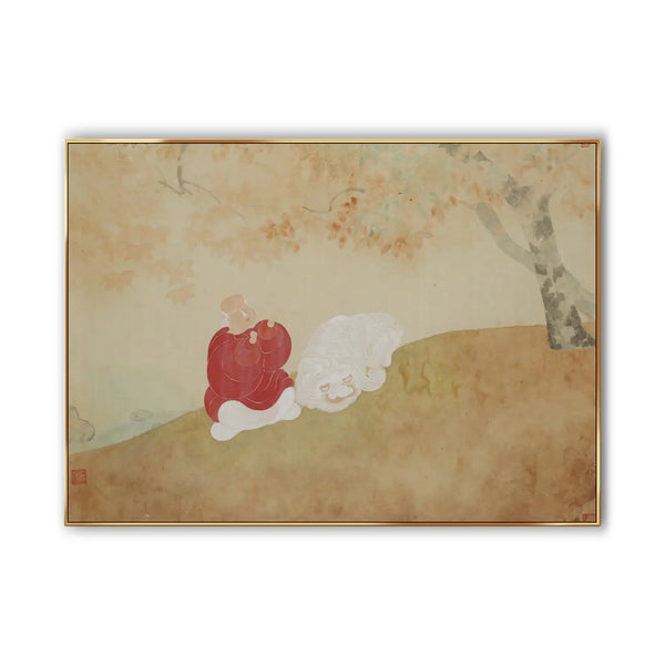 A large horizontal painting featuring a monk in red robes, accompanied by a white lion, sits cross-legged under a tree full of yellow leaves. 