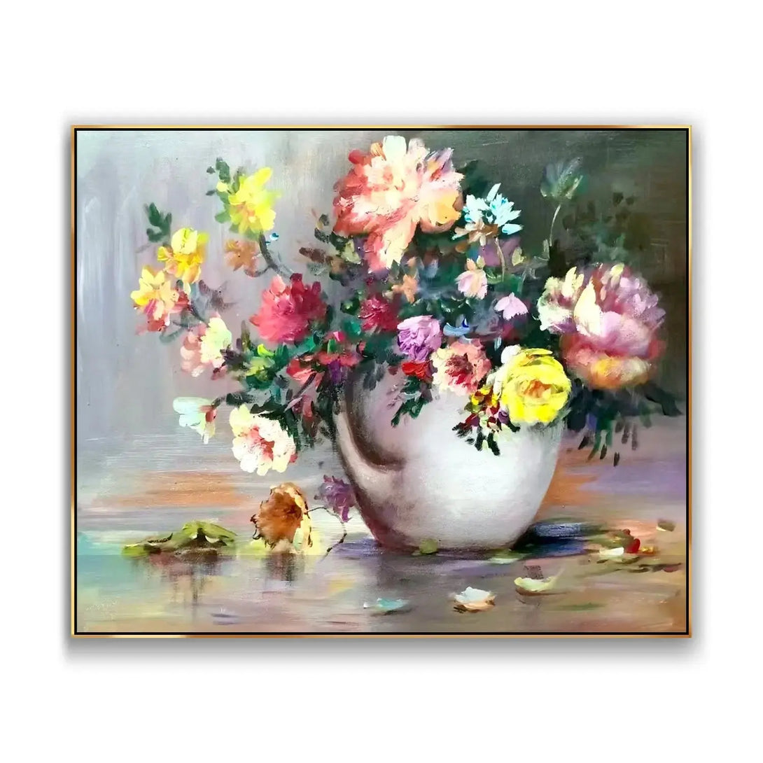 A large horizontal painting featuring a white jar of flowers in a variety of colors, such as yellow, pink, blue and purple, along with green leaves.  