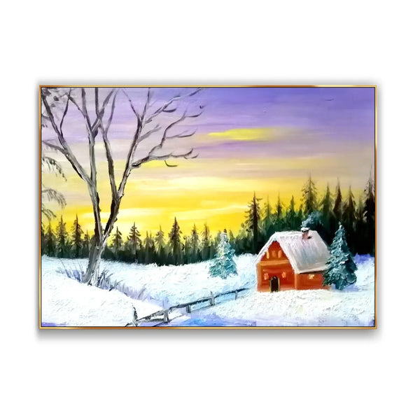 A large horizontal painting featuring an orange wooden house nestled on snowy white ground, surrounded by a lush array of green trees and a striking bare black tree.
