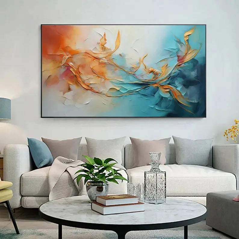 A large horizontal painting in 3D yellow and blue plasters 